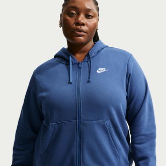 Nike Womens Nike Sportswear Club Fleece Full-Zip Hoodie (Plus Size) in Blue | DV5211-461