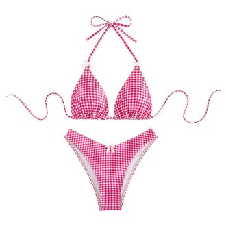 Generic Women Bikini Sets Swimsuits 2 Piece Spaghetti Strap Halterneck Bra Top Halter Neck Triangle Top Thong Bottom Elastic Swimming Costume Soft Swimsuits B