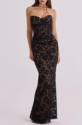 House of CB Solaine Lace-Up Strapless Lace Corset Gown in Black And Blush at Nordstrom, Size X-Large A