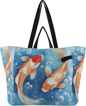 Generic Fish Bubbles Blue pattern Reusable Canvas Tote Bag, Heavy Duty Grocery Shopping Bag with Hard Bottom Double Handles Large Capacity Work Groceries Trav