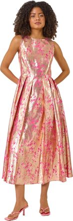 DUSK Womens Metallic Jacquard Midi Dress - Pink - Size 10 UK