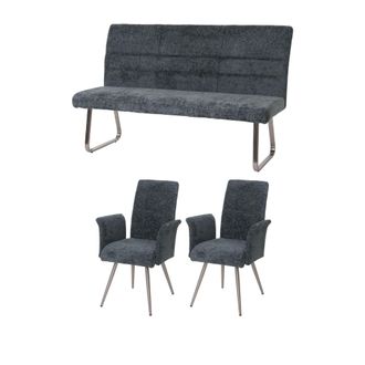 Hhg Juego De Comedor Hhg-219, Juego De 2 Sillas Con Reposabrazos + Banco 160cm, Acero Inoxidable Cepillado Tela/textil Chenilla, Azul-verde