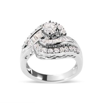 House of Brilliance 14K White Gold 1.00 Cttw Round and Baguette cut Diamond Swirl Cocktail Ring (H-I Color, SI2-I1 Clarity)
