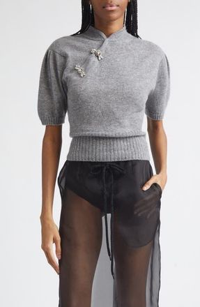 Simone Rocha Jewelled Mandarin Collar Cashmere Sweater in Grey/Pearl/Clear at Nordstrom, Size X-Small