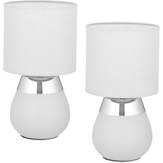 Relaxdays L&aacute;mpara De Mesa, Set 2, Base Metal, Pantalla Tela, E14, 32x18 Cm, Lamparita Noche Con Cable, Gris/plateado - Relaxdays