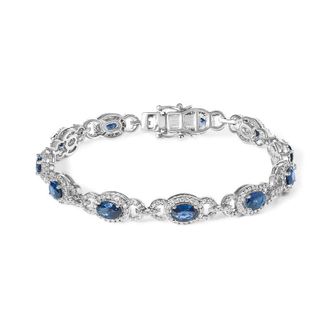House of Brilliance 14K White Gold Vintage-Inspired Oval Blue Sapphire & Diamond Link Bracelet