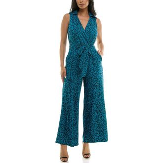 Nina Leonard Sleeveless Faux Wrap Jumpsuit in Deep Lagoon/black at Nordstrom Rack, Size X-Large
