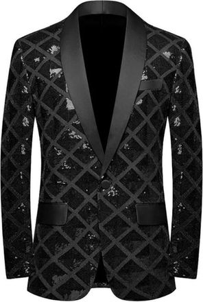 Generic Mens Wedding Tuxedo Jacket Glitter Shiny Pattern One Button Blazer For Banquet black L