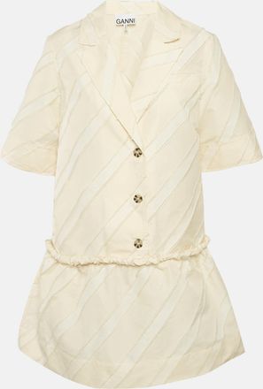 Ganni Ganni Cream Diagonal Stripe Crepe Frayed Mini Dress