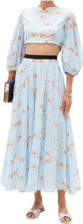 Emilia Wickstead Blue Floral Print Alula Midi Skirt Size M