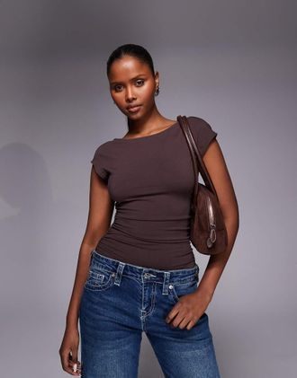 Good American Body modellante marrone in misto cotone con scollo ampio e schiena scoperta