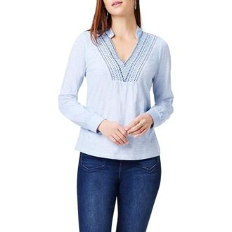 Nic+Zoe NIC+ZOE Blueline Top Womens Blue Embroidered V-Neck Long Sleeve FROG462