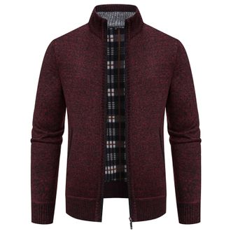 Generic Mens Cardigans with Pockets Mens Classic Stand Collar Cable Knitted Cardigan Fleece Lined Winter Coat Zip Up Knitted Cardigan Red