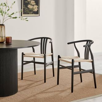 Furniturebox 2x Caia Black Wood & Rope Wishbone Dining Chairs