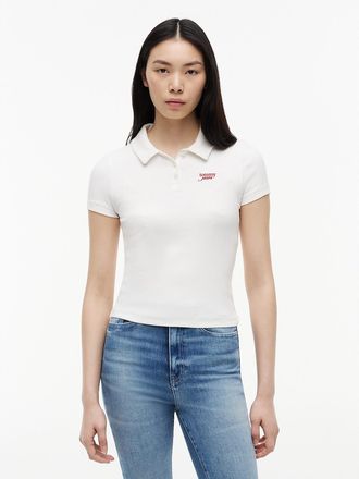 Tommy Hilfiger Womens Tommy Jeans Slim Fit Rib-Knit Polo - Ecru - L