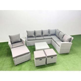 Fimous Rattan Garden Outdoor Furniture Set 10 Seater Rattan Garden Sofa Set with Armchair 3 Footstools Light Grey Mixed - Fimous