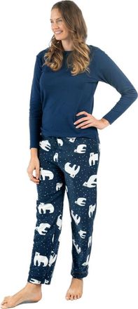 Leveret Womens Cotton Top & Fleece Pants Printed Matching Family Holiday Pajama Set in Polar Bear at Nordstrom, Size X-Large