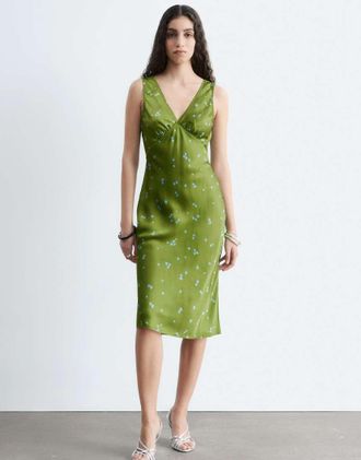 & Other Stories Vestito midi in raso verde a fiori con taglio sbieco