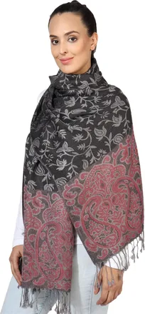 World of Shawls Ladies Floral Paisley Bordered Pashmina Feel Shawl Scarf Wrap Stole Luxuriously Warm Soft and Silky Touch (Black_SN78)