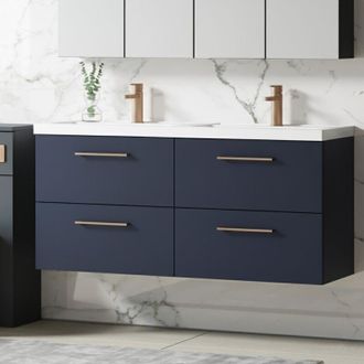Nuie Nuie - Arno Wall Hung 4-Drawer Vanity Unit with Double Polymarble Basin 1200mm Wide - Midnight Blue