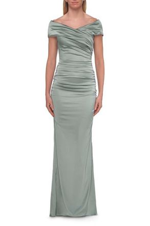 La Femme Off-the-Shoulder Ruched Satin Evening Gown in Sage at Nordstrom, Size 14