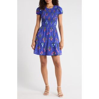 Sugarlips Clemen Ansel Floral Smocked Bodice Tiered Cotton Dress in Navy at Nordstrom, Size X-Large