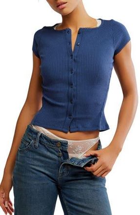 Free People Most Wanted Short Sleeve Cotton Blend Cardigan in Navy at Nordstrom Rack, Size X-Large