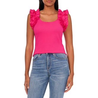 CeCe by Cynthia Steffe Ruffle Shoulder Rib Tank in Bright Rose at Nordstrom, Size X-Large