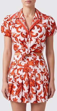 Dolce & Gabbana Majolica Print Cropped Cotton Shirt with Front Tie