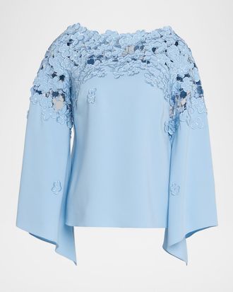 Oscar De La Renta Floral Embroidered Stretch Silk Bell-Sleeve Blouse