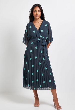 Wallis Womens Petite Spot Pleated Midi Dress - Green - Size 18 UK