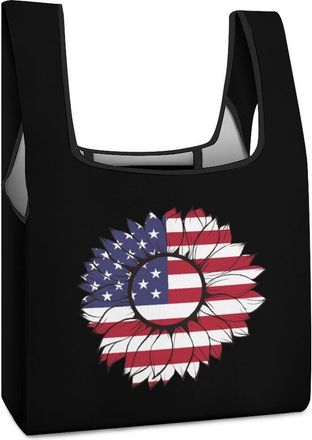 Generic U.S. Flag in Sunflower Reusable Shopping Bags Lightweight Foldable Grocery Bag Polyester Washable Tote Bag