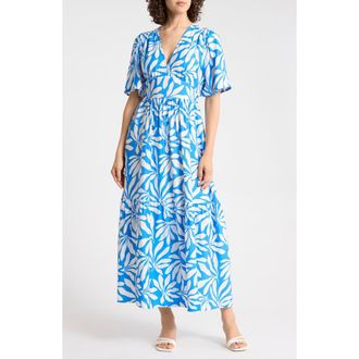 b.young Palms Flutter Sleeve Midi Dress in Palace Blue Palms Mix at Nordstrom Rack, Size 10 Us / 42 Eu