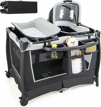 Costway Costway - Cuna Bebe 6 En 1, Centro De Cuidado Para Beb&eacute;s, Parque De Juegos Port&aacute;til Para Beb&eacute;s Con Mois&eacute;s Cambiador, Dosel Ajustable, Barra De Juguete