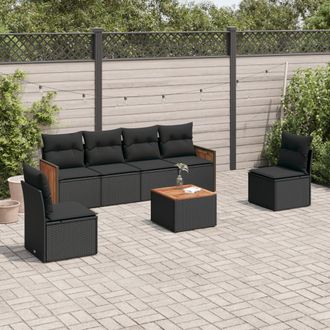 vidaXL Vidaxl - Set De Comedor De Jard&iacute;n 7 Pzas Y Cojines Rat&aacute;n Sint&eacute;tico Negro