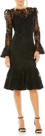 Mac Duggal Embellished Ruffle Wrist High Neck Midi Dress in Black at Nordstrom, Size 4