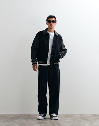 AllSaints Vanson - Bomber stile college in lana e pelle nero