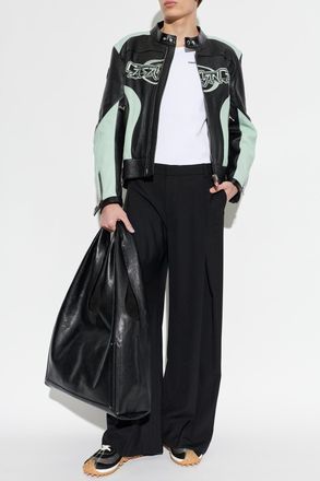 Casablanca Leather Jacket With Stand-up Collar, Mens, Black