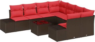 vidaXL Conjunto De Sof&aacute; De Jard&iacute;n 9 Uds. Beige Y Rojo Rat&aacute;n Sint&eacute;tico Vidaxl