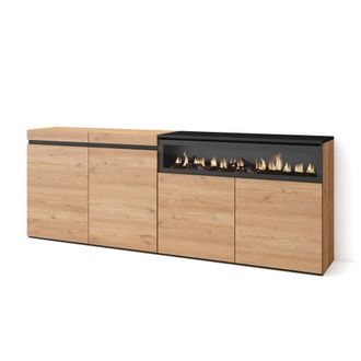 Skraut Home Aparador efecto madera roble y negro 200x35x75cm chimenea efecto fuego