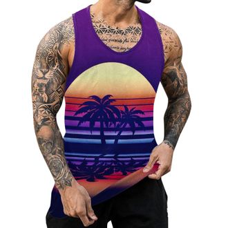 Generic Tank Tops Vests for Men UK Beach Hawaiian Casual Palm Tree Print Sleeveless Crewneck Tshirts Tops Summer Vintage Classic Workout Vest Blouses Big and 