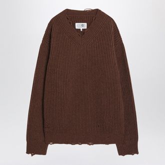 Maison Margiela Distressed Brown Wool Blend Sweater