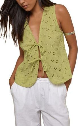 Motel Kayve Eyelet Embroidered Tie Front Cotton Top in Little Daisy Broderie Lime at Nordstrom Rack, Size Medium