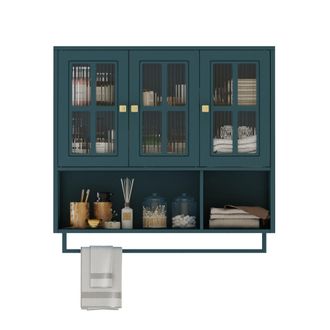 STILVORA Armario De Pared Para Ba&ntilde;o Con 3 Puertas Y 1 Hueco Abierto, Barra Toallero, En Mdf Y Vidrio, Verde Oscuro, 88&times;26&times;82,5 Cm
