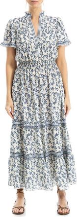 Max Studio Smocked Flutter Sleeve Maxi Dress in Cream/Blue Dancing Lotus at Nordstrom Rack, Size X-Small