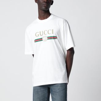 Gucci T-shirt bianca in misto seta con stampa logo