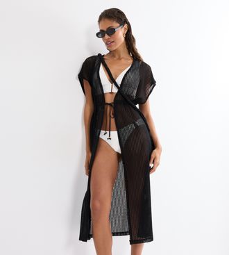 Triumph Kimono TRIUMPH Beach MyWear Crochet Kimono, Damen, Gr. 38, schwarz, Microfaser, unifarben, Midil&auml;nge, Hausm&auml;ntel Kimono, weiches H&auml;keldesign