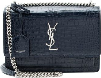 Saint Laurent Blue Croc Embossed Calfskin Sunset Medium Shoulder Bag (Authentic Pre-Loved)