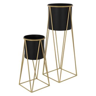 ML Design Ml-design - 2 Soportes Para Plantas De Metal Negro-dorado Macetero Pedestal 21,8x22x47cm/25x25x71cm Para Interior O Exterior Industrial Decorativo Con