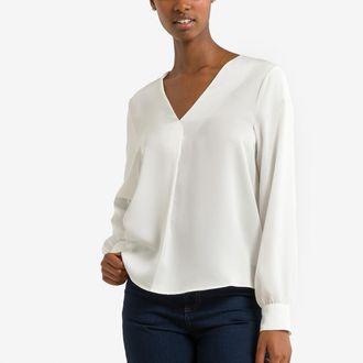Vila Satijnen blouse, V-hals, lange mouwen